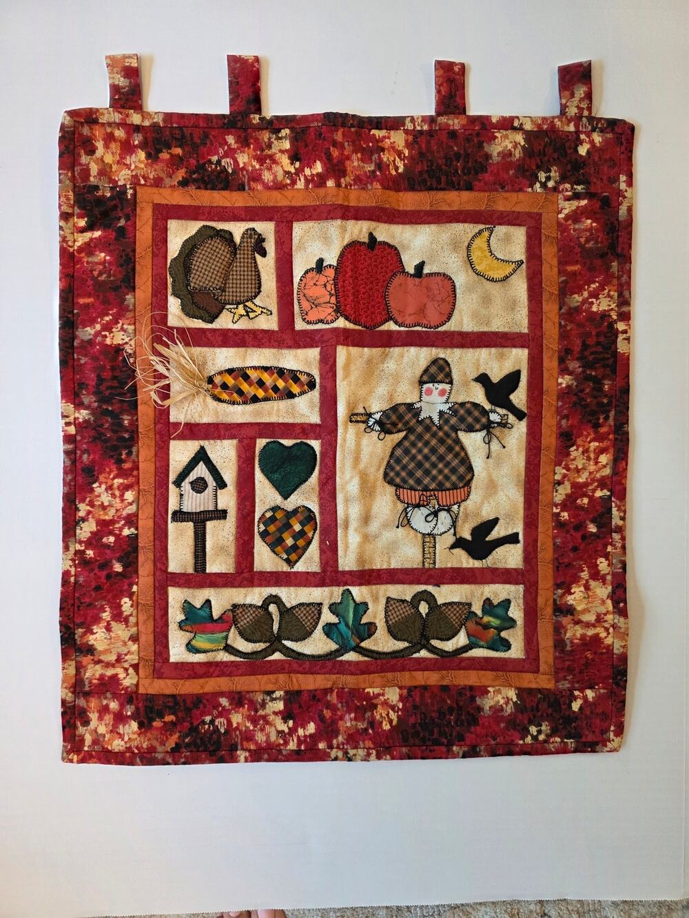 Handmade Homemade Artisanal Quilted Fall Autumn Wall Hanging Moon Pumpkin Leaves